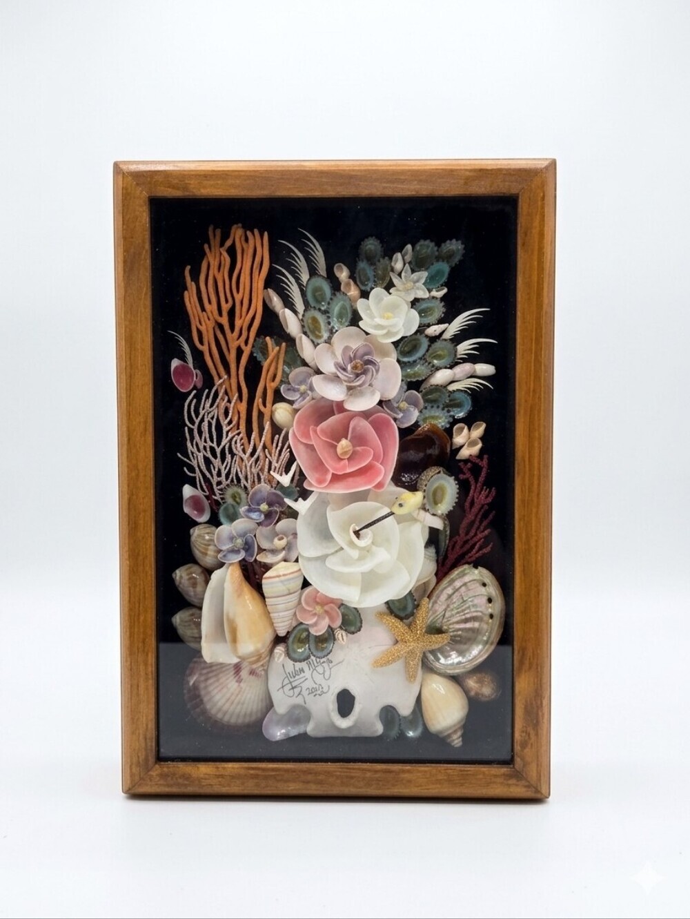 Julio Meza Signed 3D Shell Art Shadow Box 2013 Coastal Floral Bouquet Wall Art